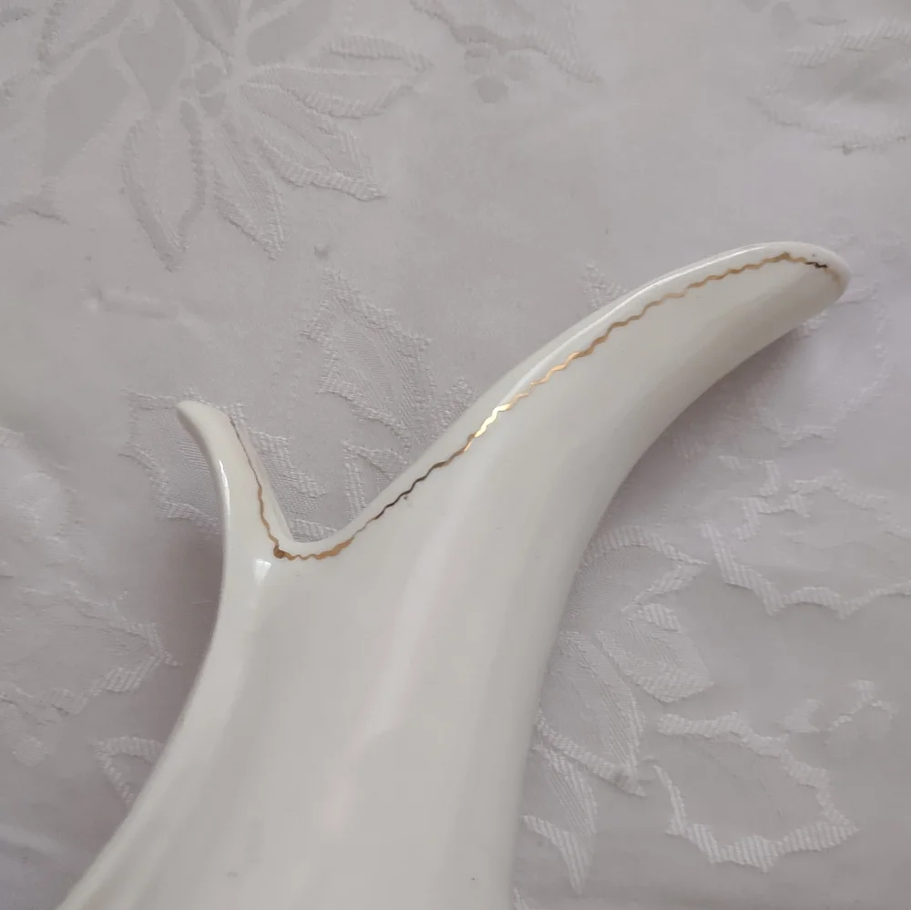 Signed 1961 Vintage Porcelain Gold Trim Elongated Spout Handle Pitcher